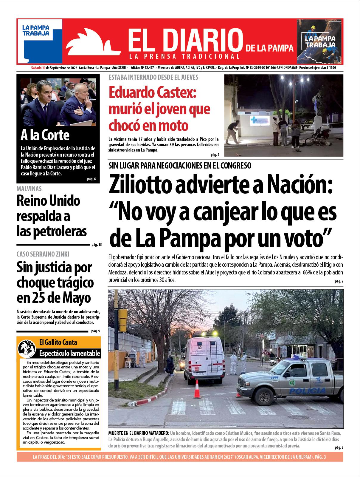 Tapa de El Diario en papel  saacutebado 19 de septiembre de 2026